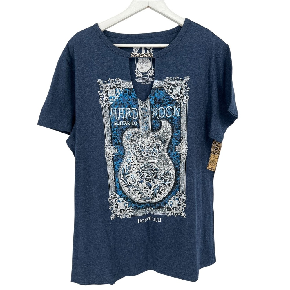 Hard Rock Cafe Honolulu Guitar Graphic Tee Womens XXL Blue Beaded Cutout T-Shirt